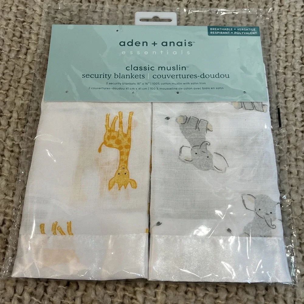 Aden Anais Set of‎ 2 Security Blankets Satin Trim Elephant Giraffe Muslin Cotton